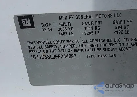 2015 Chevrolet Malibu 1Lt from USA, damaged, VIN 1G11C5SL0FF244097